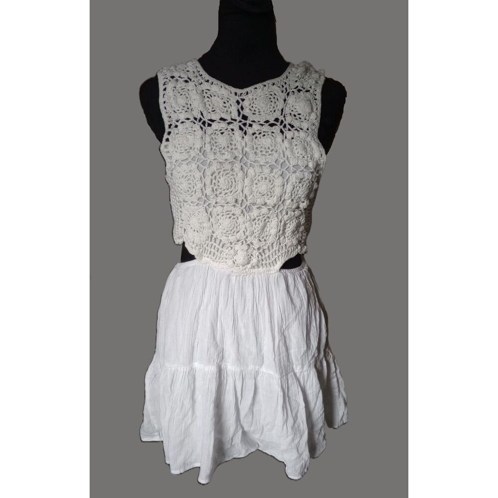 Mango Women's XS 100% Cotton Crocheted Top Openings In Side And Back Mini Dress
